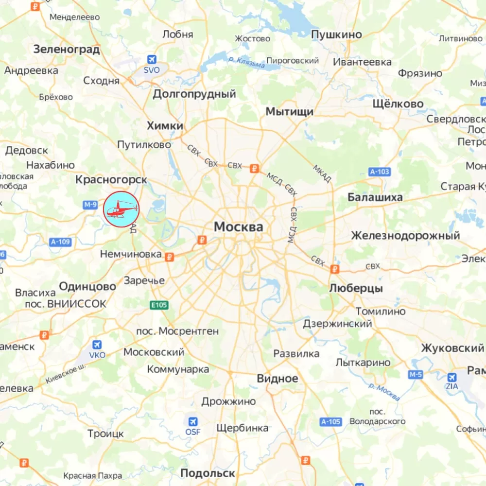 Карта расположения площадки взлета для вертолета (Хелипорт Москва)