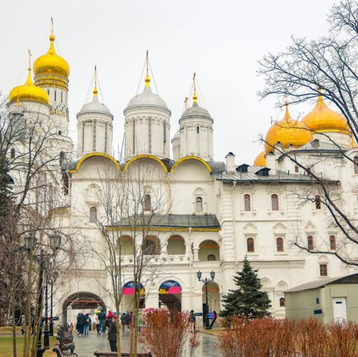 The domes of the Moscow Kremlin cathedrals on an excursion for foreigners from the Tour Bureau "Captour"
